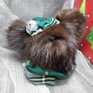 Tartan Teddy Bear Christmas Ornament - Genuine Real Fur - Muskrat